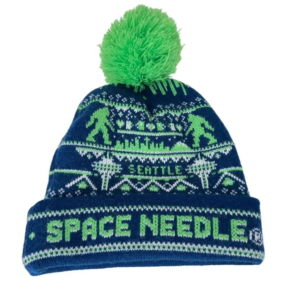 Seattle Space Needle Souvenir Beanie Hat OS Blue‎ Green Knit Stylish Pom Pom